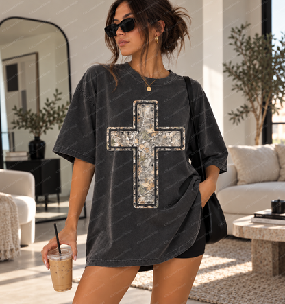 Distressed Camo Christian Cross Top apparel mockup — 478 Custom Design