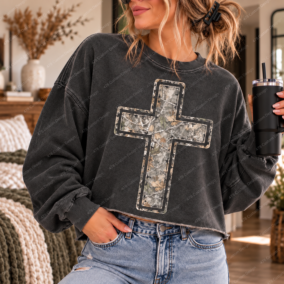 Distressed Camo Christian Cross Top apparel mockup — 478 Custom Design