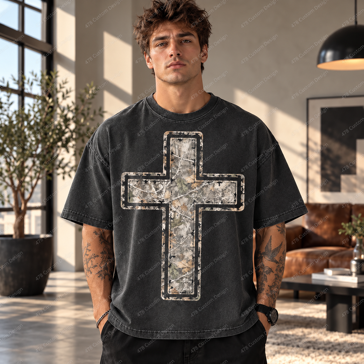 Distressed Camo Christian Cross Top apparel mockup — 478 Custom Design