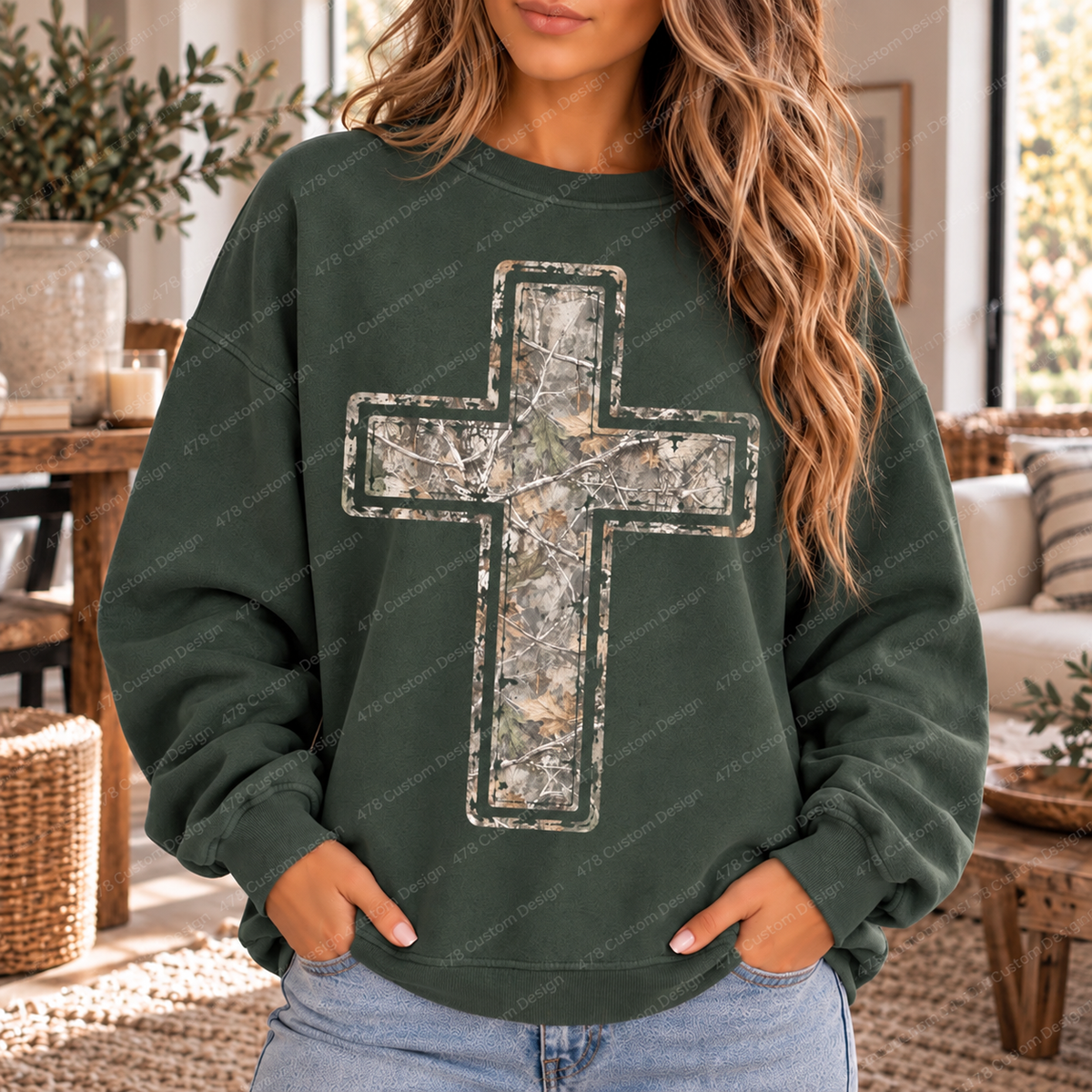 Distressed Camo Christian Cross Top apparel mockup — 478 Custom Design