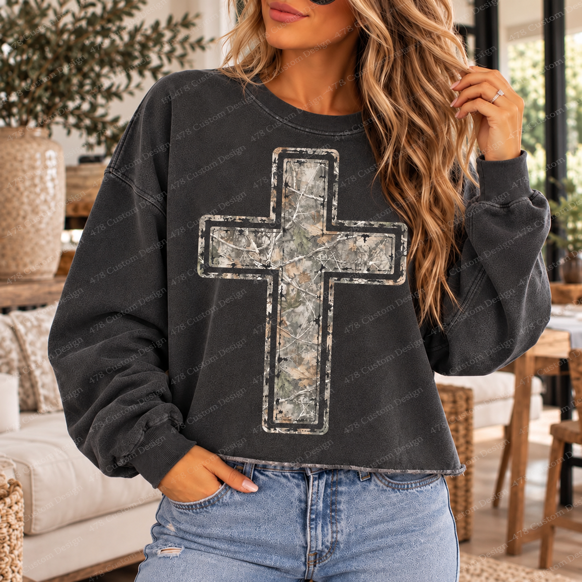 Distressed Camo Christian Cross Top apparel mockup — 478 Custom Design