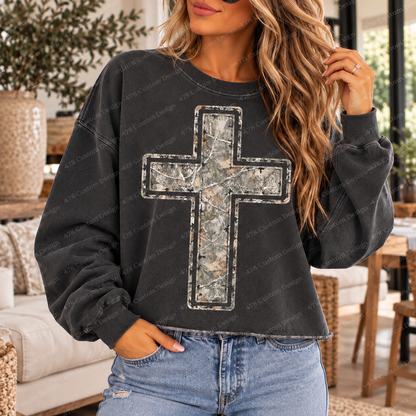 Distressed Camo Christian Cross Top apparel mockup — 478 Custom Design
