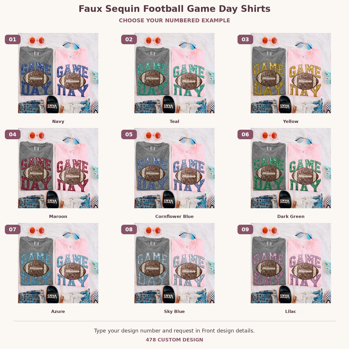 Faux Sequin Football Game Day Shirts — Choose Your Colors numbered garment examples and 478 Custom Design watermark