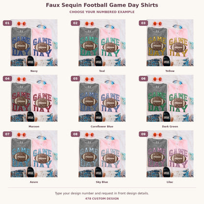 Faux Sequin Football Game Day Shirts — Choose Your Colors numbered garment examples and 478 Custom Design watermark