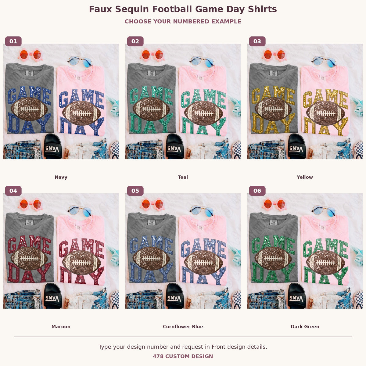 Faux Sequin Football Game Day Shirts — Choose Your Colors numbered examples 1 through 6 478 Custom Design watermarked garment mockups