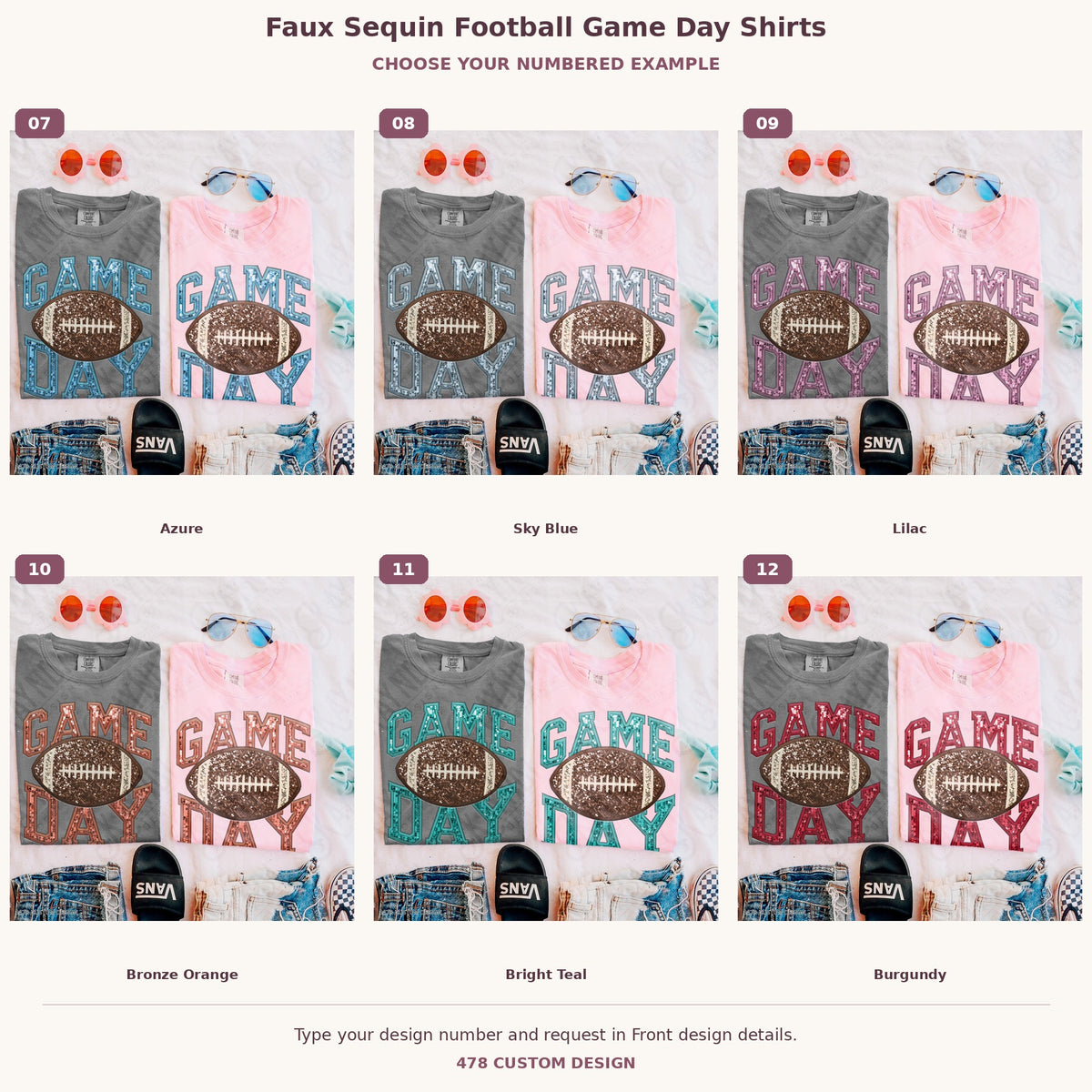 Faux Sequin Football Game Day Shirts — Choose Your Colors numbered examples 7 through 12 478 Custom Design watermarked garment mockups