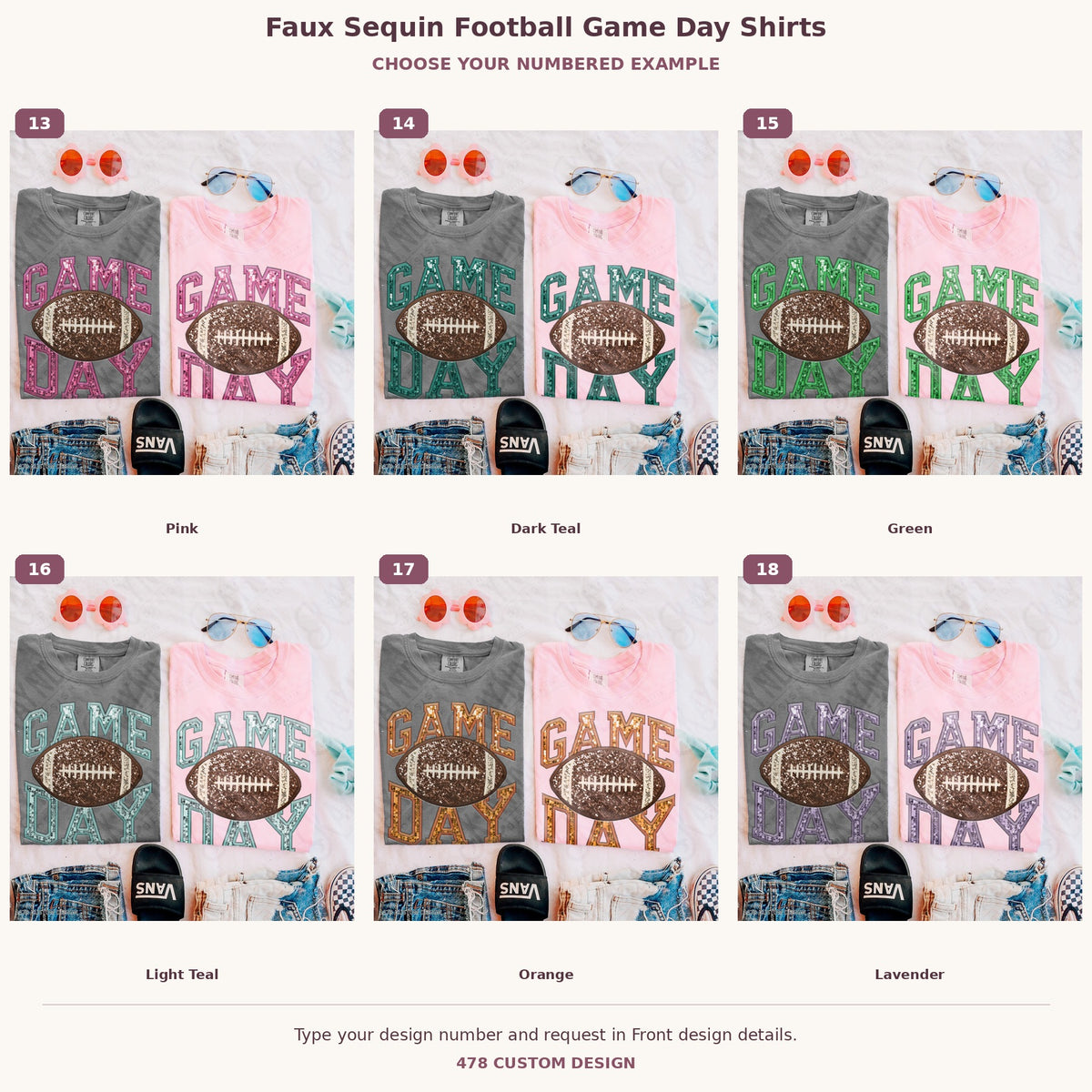 Faux Sequin Football Game Day Shirts — Choose Your Colors numbered examples 13 through 18 478 Custom Design watermarked garment mockups