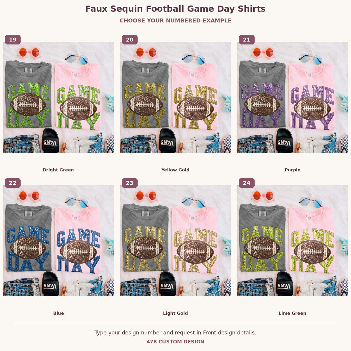 Faux Sequin Football Game Day Shirts — Choose Your Colors numbered examples 19 through 24 478 Custom Design watermarked garment mockups
