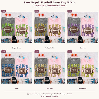 Faux Sequin Football Game Day Shirts — Choose Your Colors numbered examples 19 through 24 478 Custom Design watermarked garment mockups