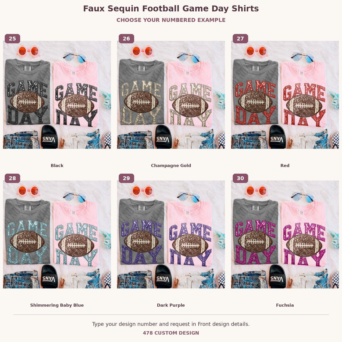 Faux Sequin Football Game Day Shirts — Choose Your Colors numbered examples 25 through 30 478 Custom Design watermarked garment mockups