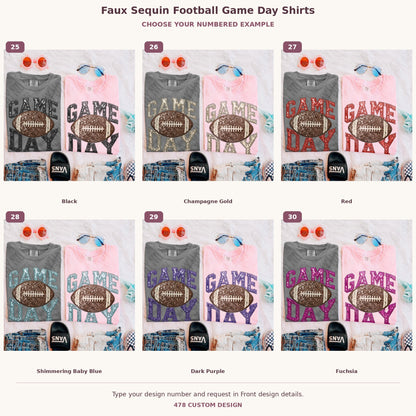 Faux Sequin Football Game Day Shirts — Choose Your Colors numbered examples 25 through 30 478 Custom Design watermarked garment mockups