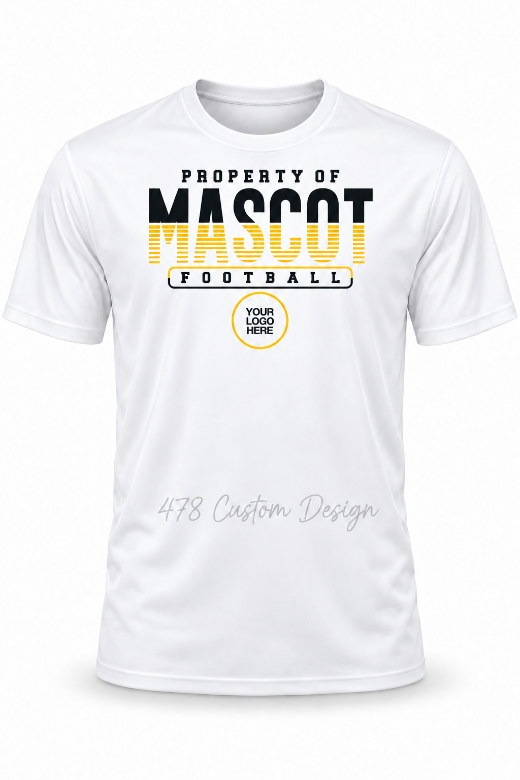 Football design 09 enlarged on a full-length white performance shirt