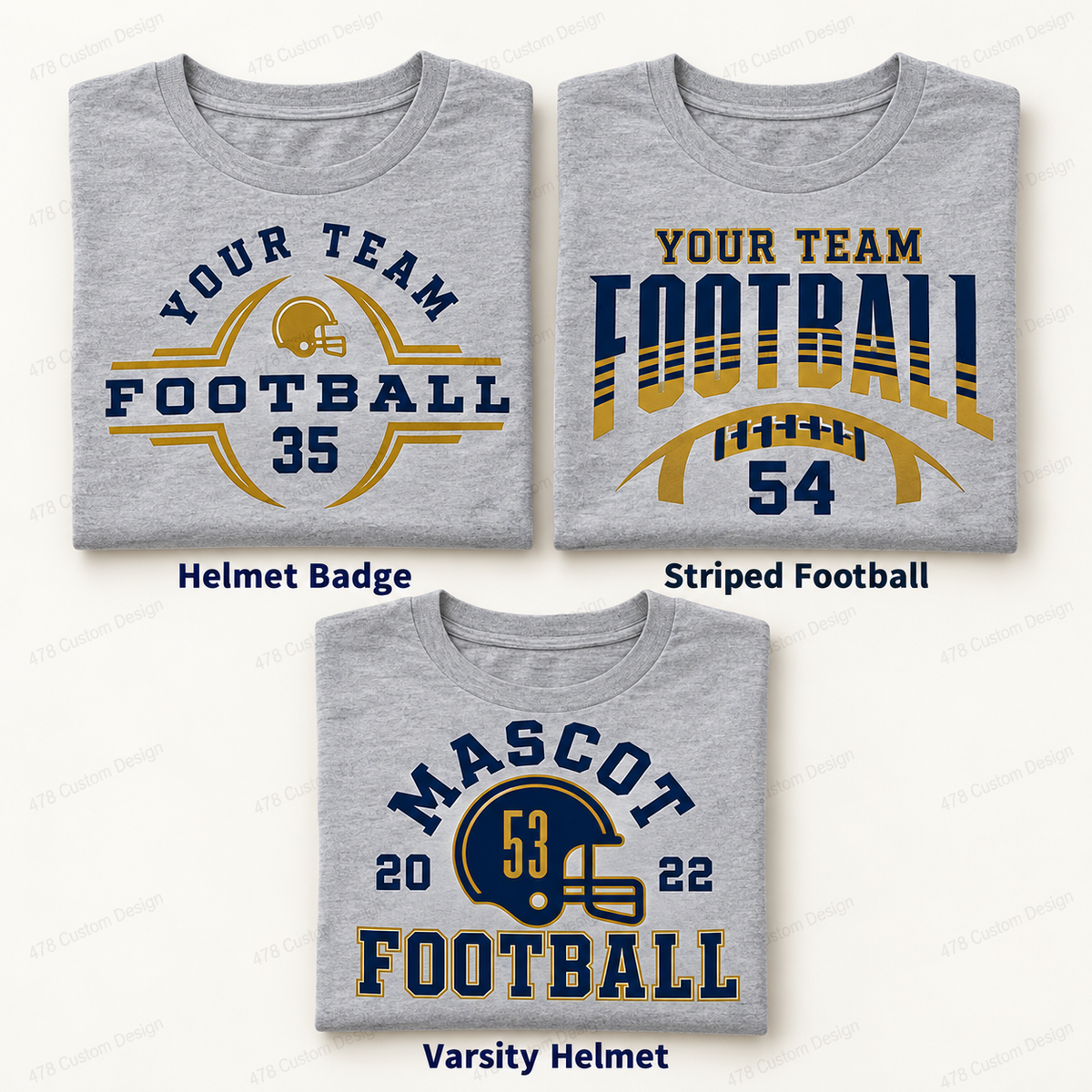 Helmet Badge, Striped Football, or Varsity Helmet on gray folded shirts