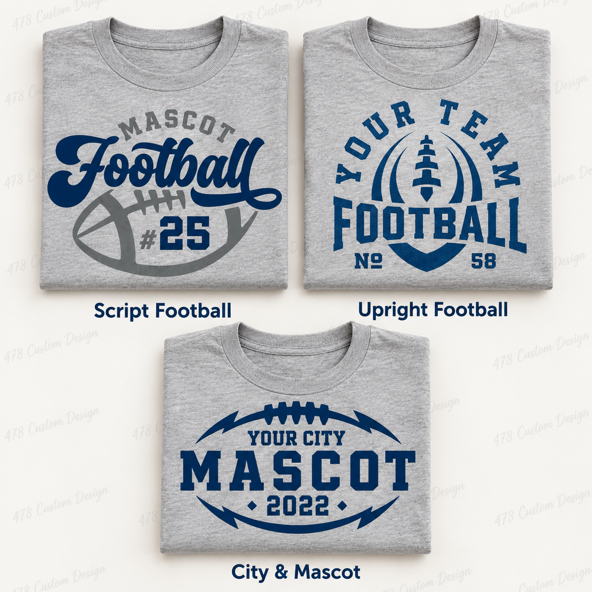 Script Football, Upright Football, or City &amp; Mascot on gray folded shirts
