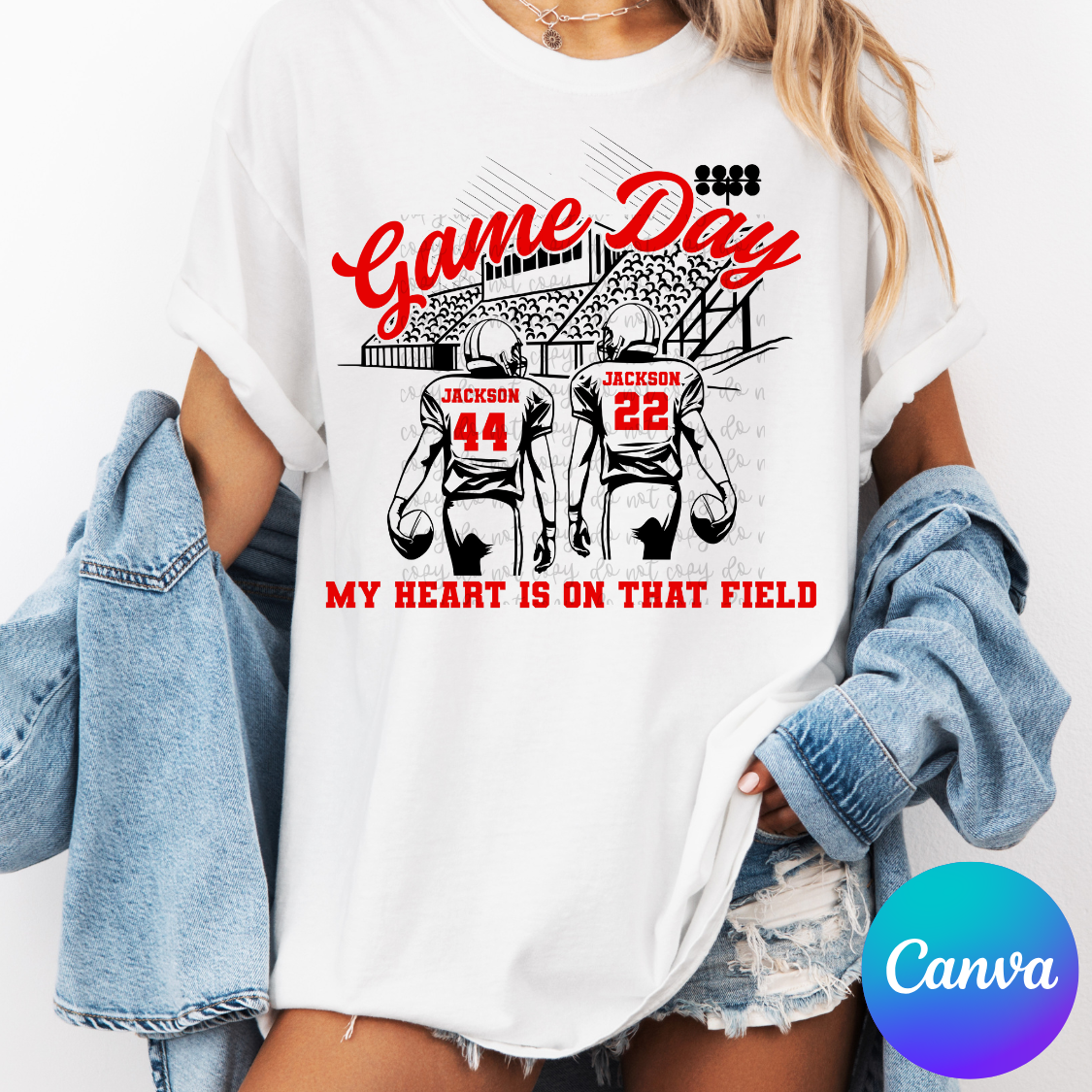 Game Day Bleachers – Two Football Players Top mockup showing the pictured apparel design.