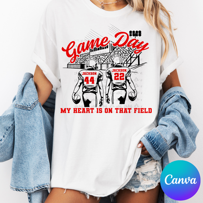 Game Day Bleachers – Two Football Players Top mockup showing the pictured apparel design.