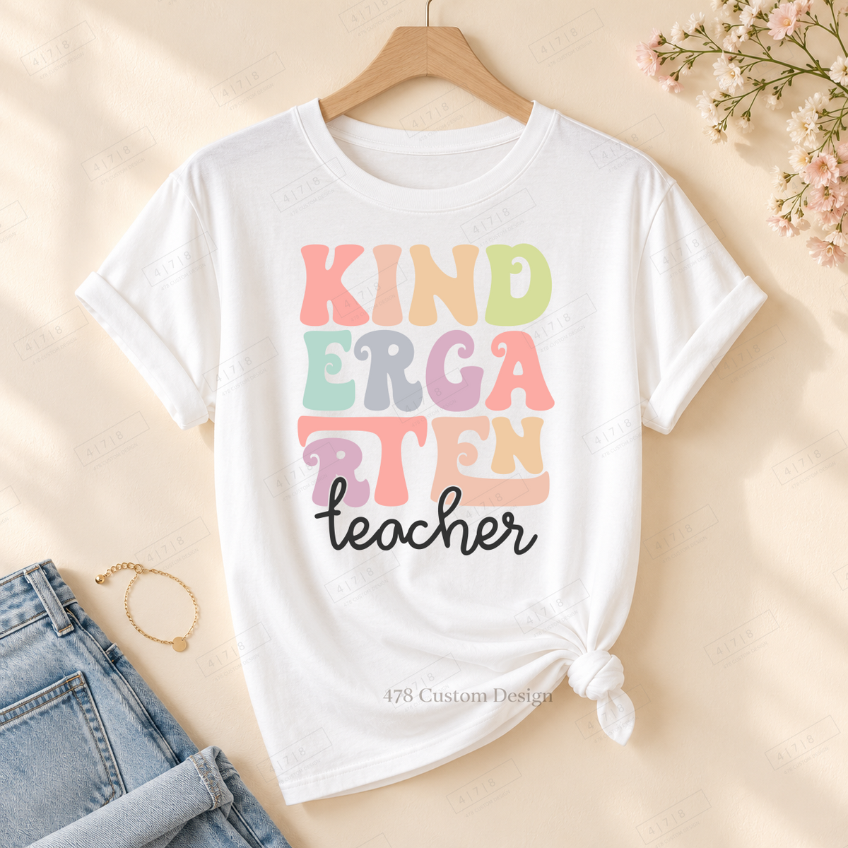 Kindergarten cutout design on rolled-sleeve tied white tee with 478 watermark