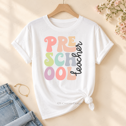 Preschool cutout design on rolled-sleeve tied white tee with 478 watermark