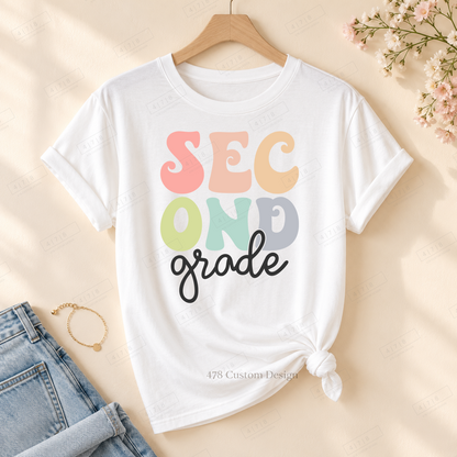Second Grade cutout design on rolled-sleeve tied white tee with 478 watermark