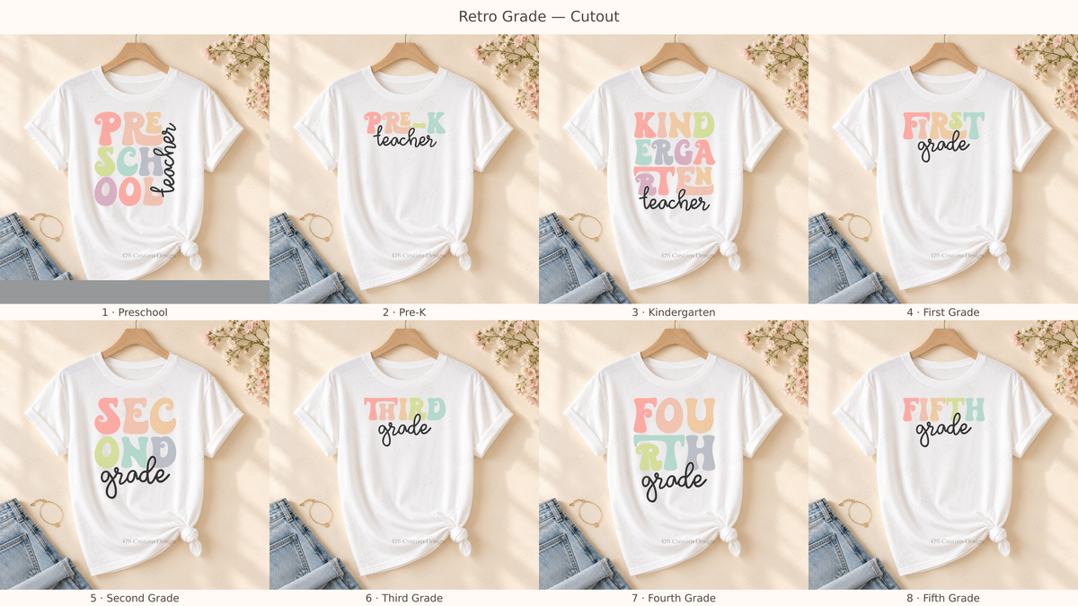 Retro Grade cutout designs on rolled-sleeve tied white shirt, numbered options and 478 watermark
