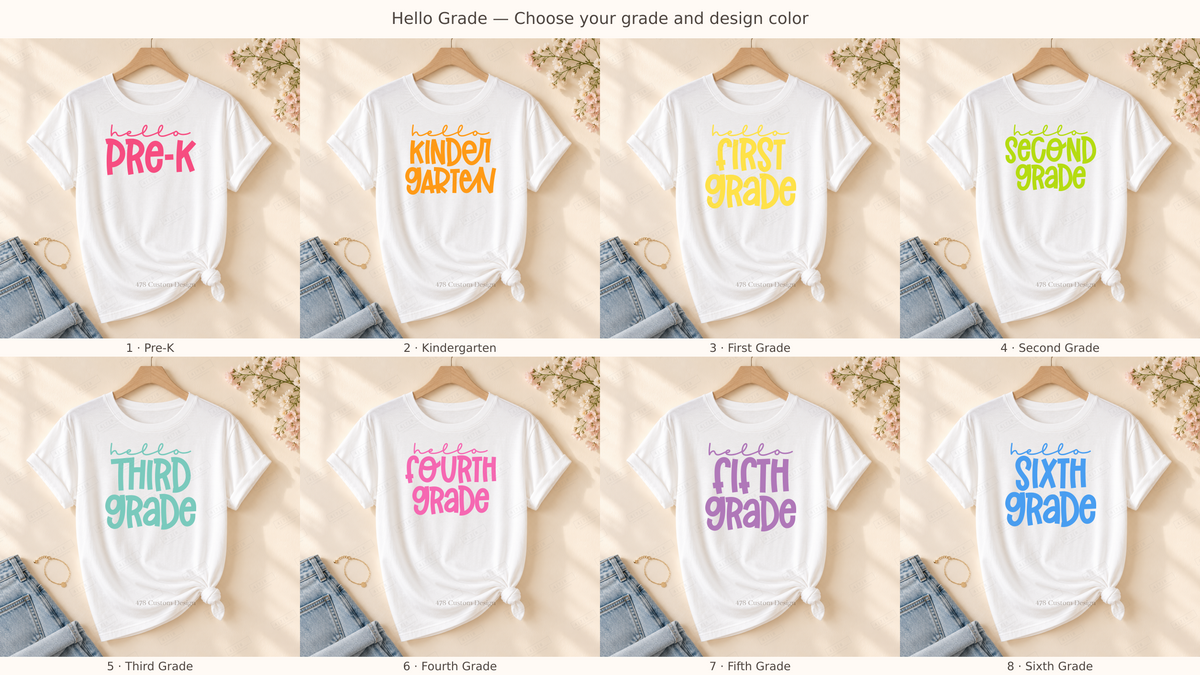 Hello Grade designs on rolled-sleeve tied white shirt, numbered options and 478 watermark