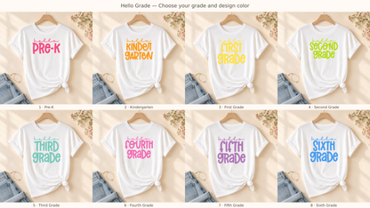 Hello Grade designs on rolled-sleeve tied white shirt, numbered options and 478 watermark