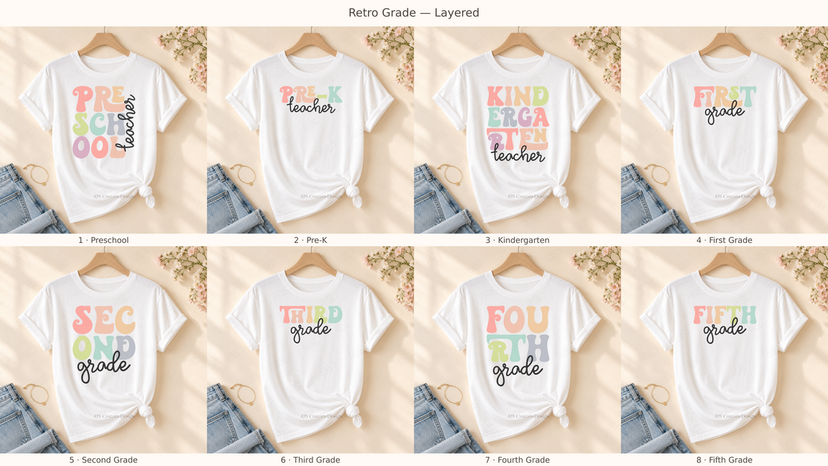 Retro Grade layered designs on rolled-sleeve tied white shirt, numbered options and 478 watermark