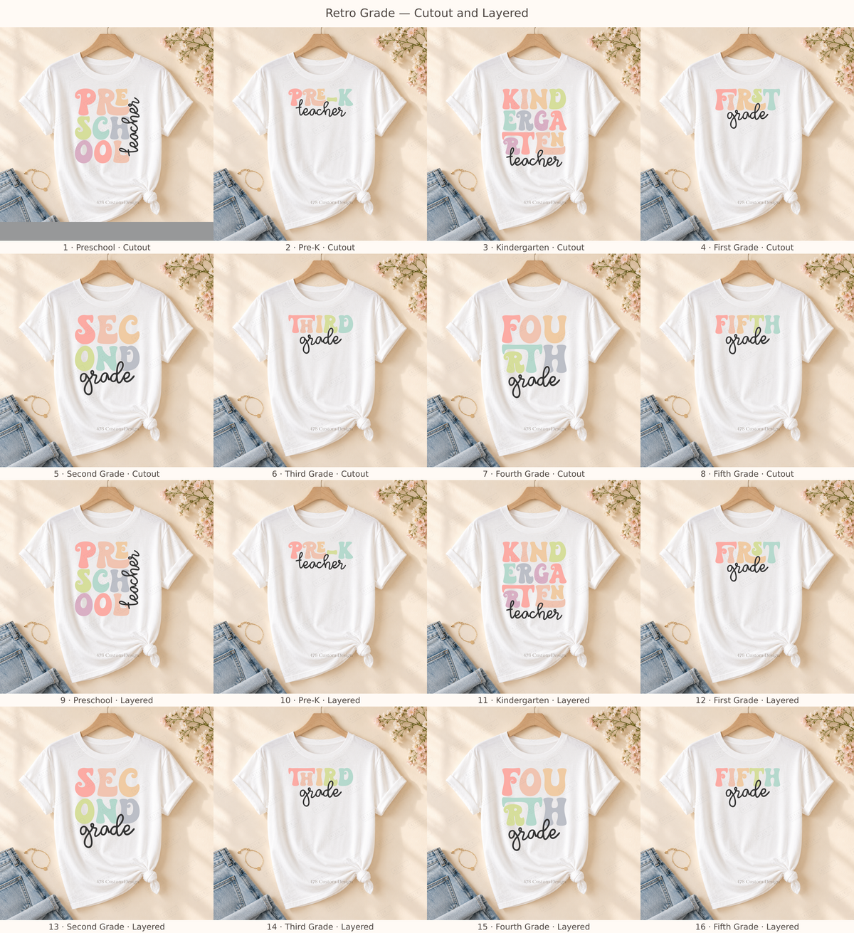 Retro Grade retro designs on rolled-sleeve tied white shirt, numbered options and 478 watermark