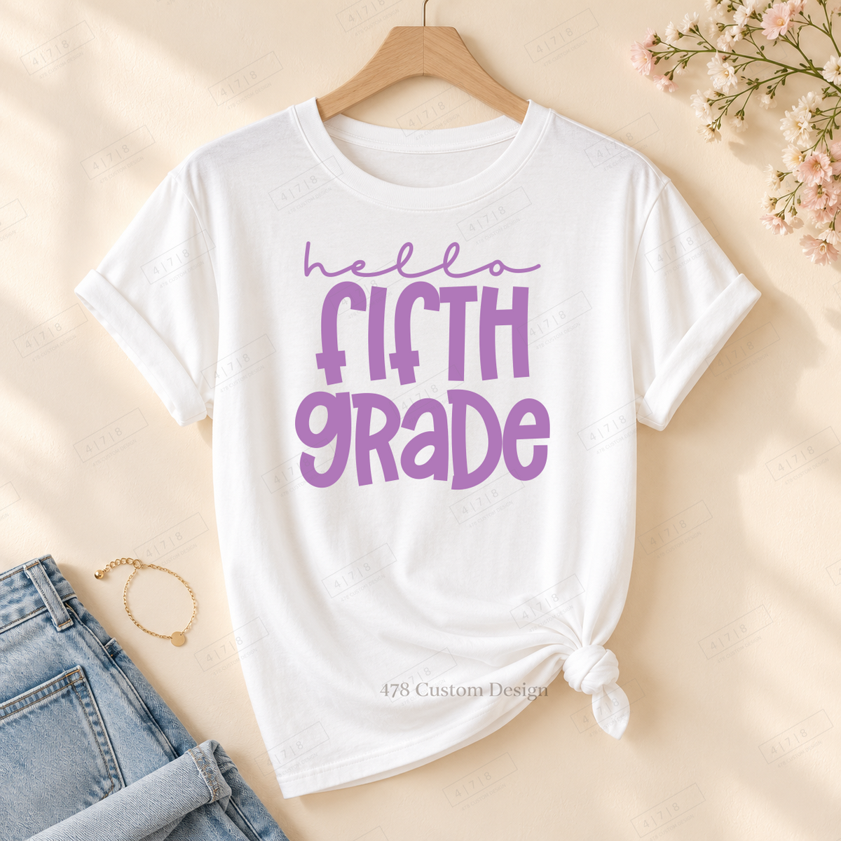 Fifth Grade hello design on rolled-sleeve tied white tee with 478 watermark