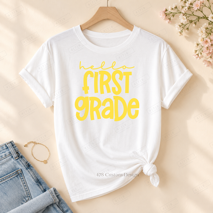 First Grade hello design on rolled-sleeve tied white tee with 478 watermark