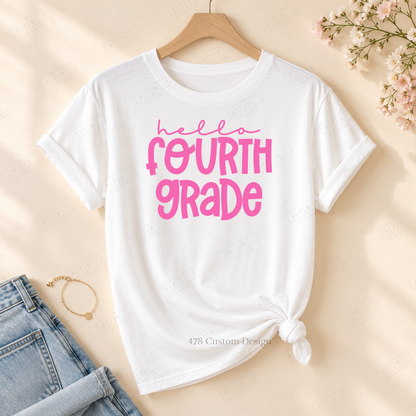 Fourth Grade hello design on rolled-sleeve tied white tee with 478 watermark