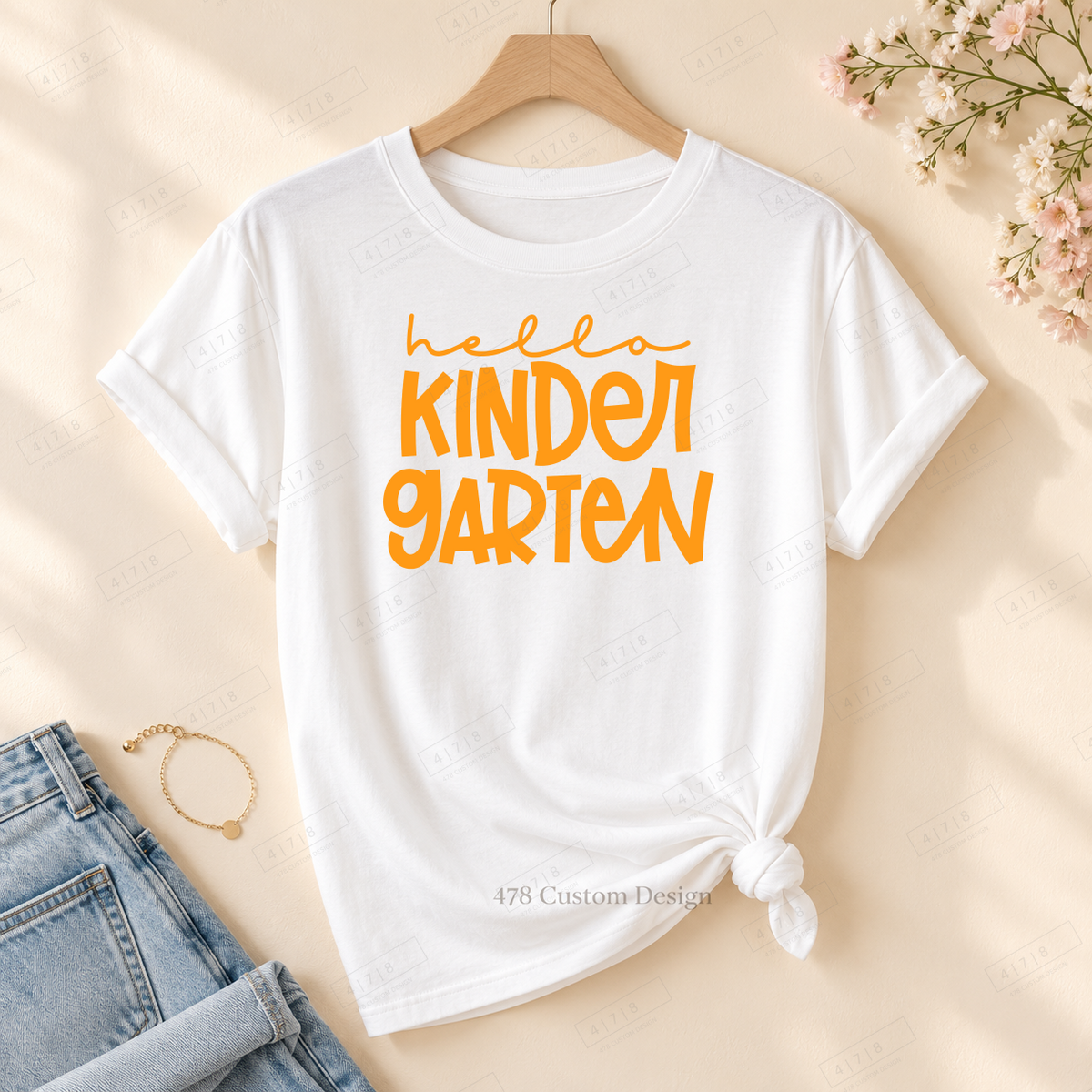 Kindergarten hello design on rolled-sleeve tied white tee with 478 watermark