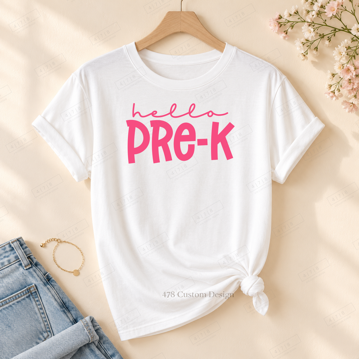 Pre-K hello design on rolled-sleeve tied white tee with 478 watermark