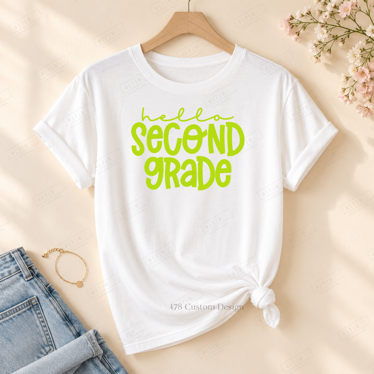 Second Grade hello design on rolled-sleeve tied white tee with 478 watermark
