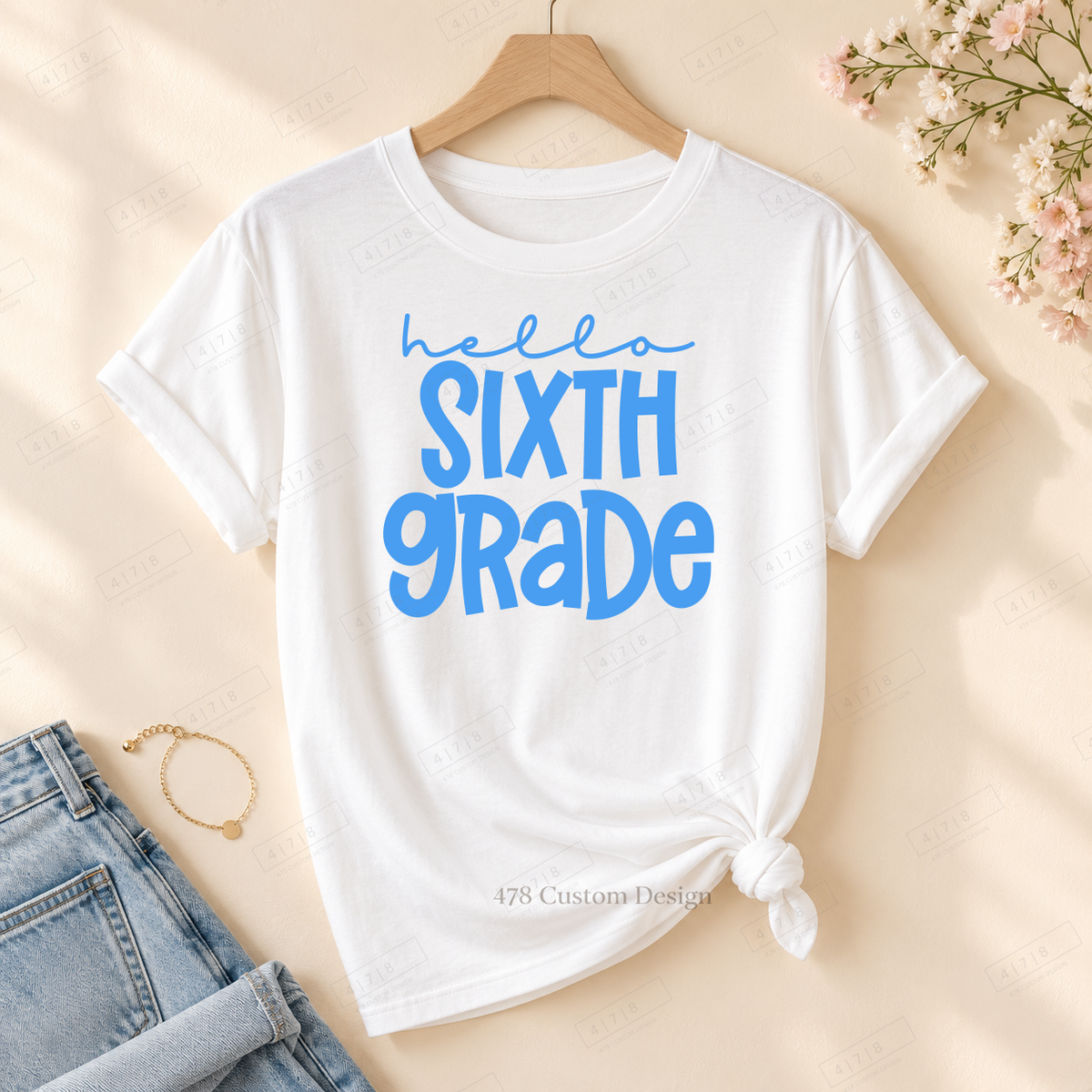 Sixth Grade hello design on rolled-sleeve tied white tee with 478 watermark