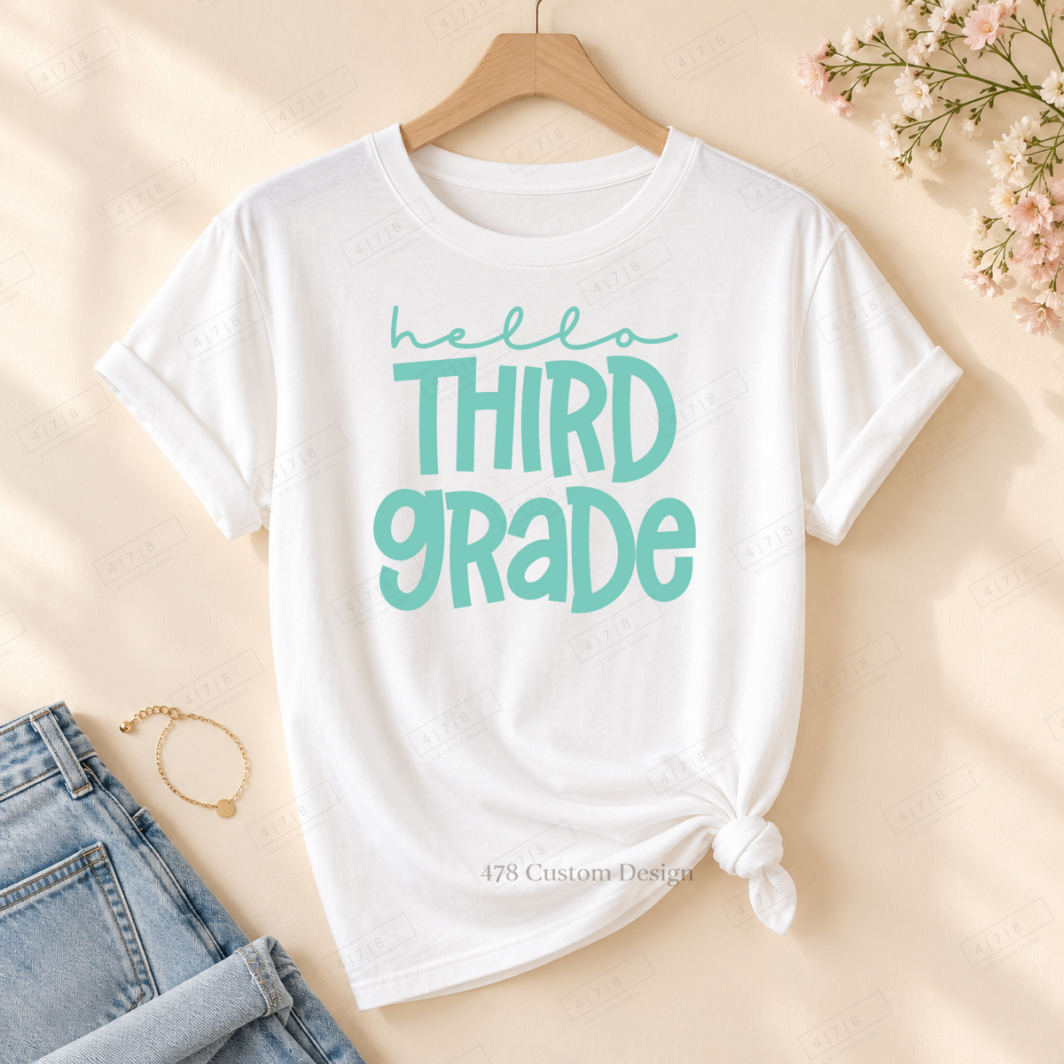 Third Grade hello design on rolled-sleeve tied white tee with 478 watermark