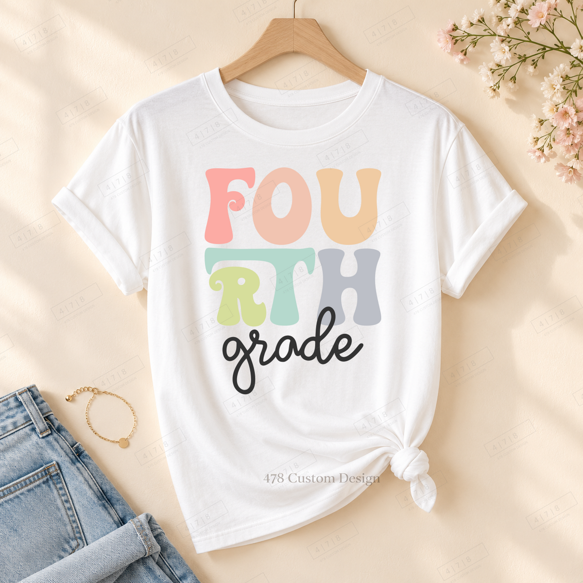 Fourth Grade layered design on rolled-sleeve tied white tee with 478 watermark