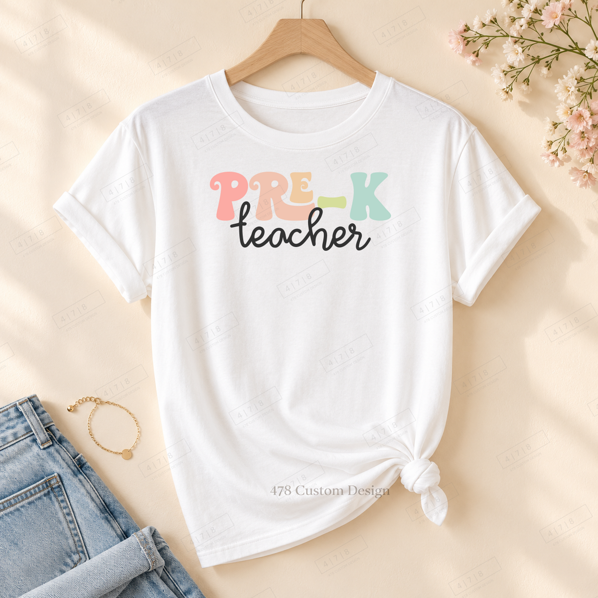 Pre-K layered design on rolled-sleeve tied white tee with 478 watermark