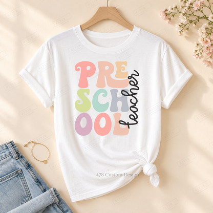 Preschool layered design on rolled-sleeve tied white tee with 478 watermark