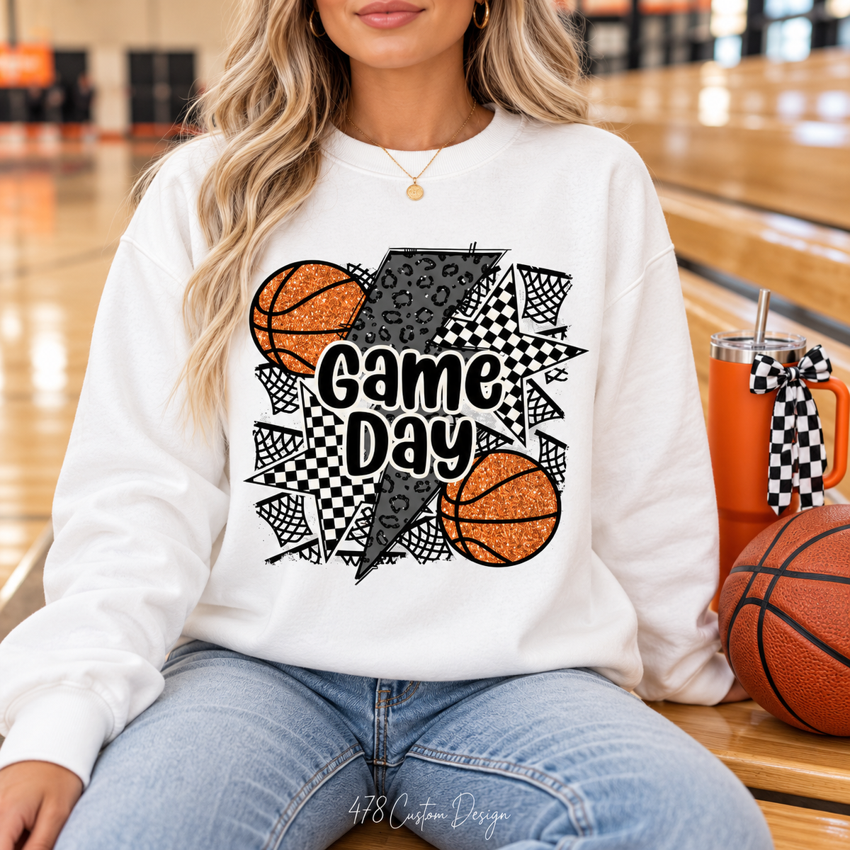 White Basketball Game Day sweatshirt close up
