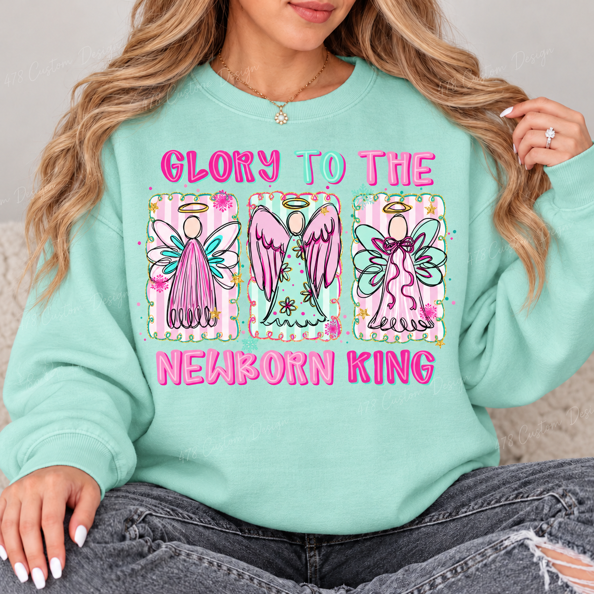 Glory to the Newborn King Angels Top design on a Chalky Mint crewneck sweatshirt
