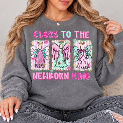 Glory to the Newborn King Angels Top design on a Grey crewneck sweatshirt