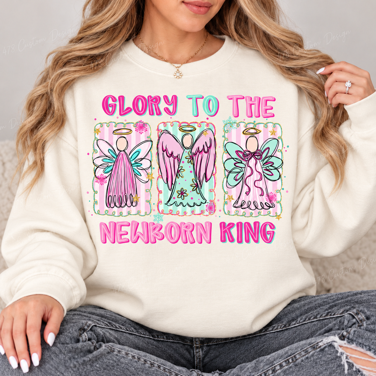 Glory to the Newborn King Angels Top design on a Ivory crewneck sweatshirt