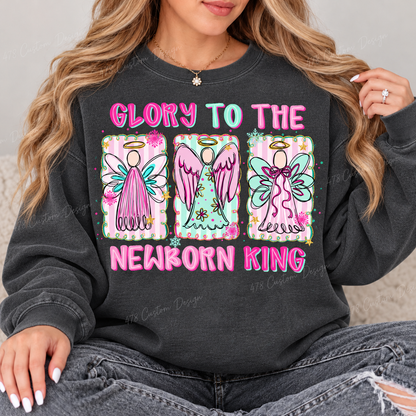 Glory to the Newborn King Angels Top design on a Pepper crewneck sweatshirt