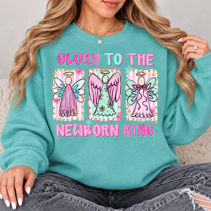 Glory to the Newborn King Angels Top design on a Seafoam crewneck sweatshirt