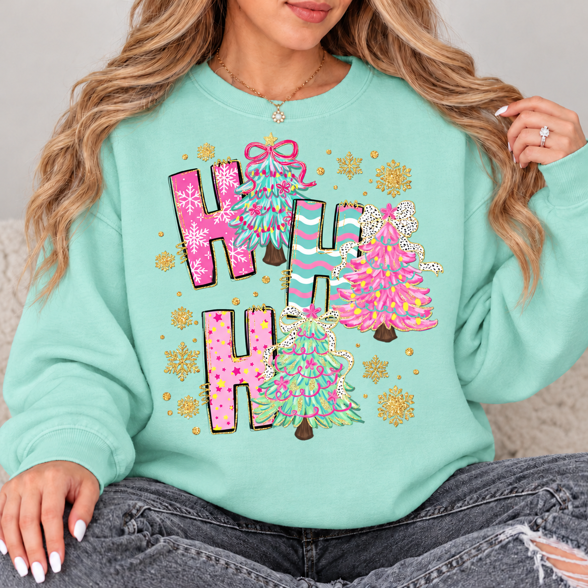 Ho Ho Ho Pastel Christmas Trees Top design on a Chalky Mint crewneck sweatshirt