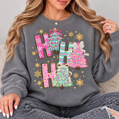 Ho Ho Ho Pastel Christmas Trees Top design on a Grey crewneck sweatshirt