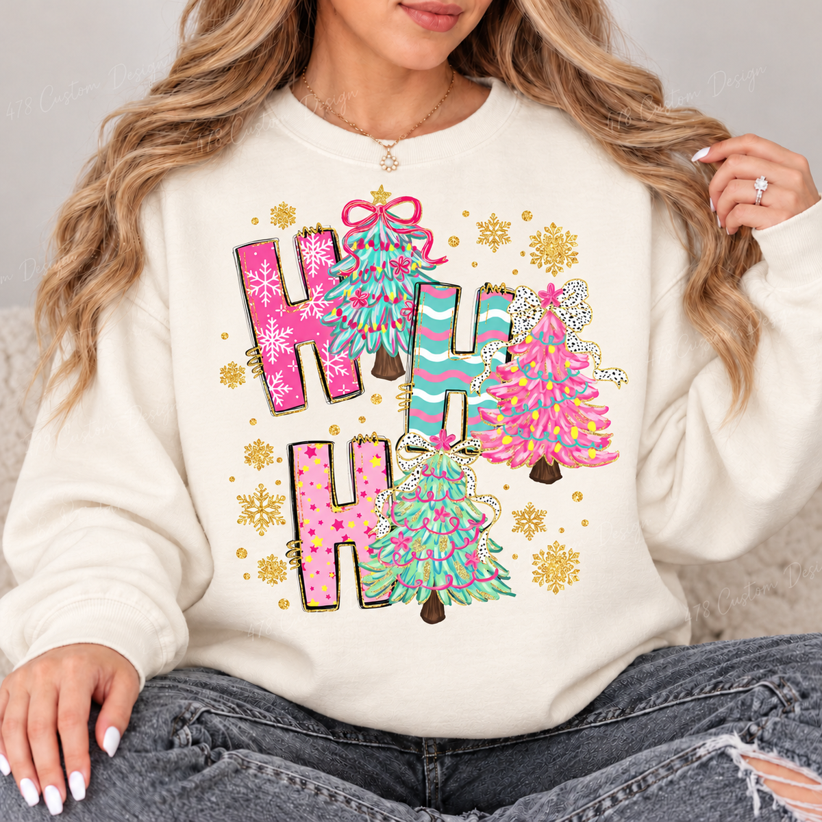Ho Ho Ho Pastel Christmas Trees Top design on a Ivory crewneck sweatshirt