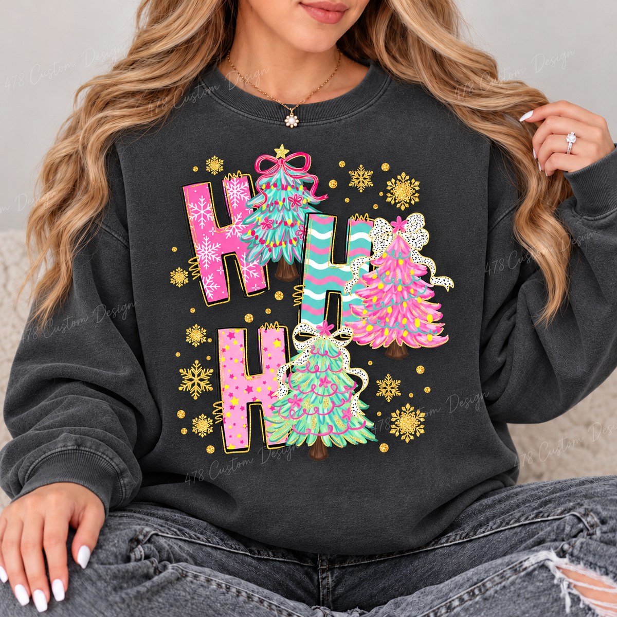Ho Ho Ho Pastel Christmas Trees Top design on a Pepper crewneck sweatshirt