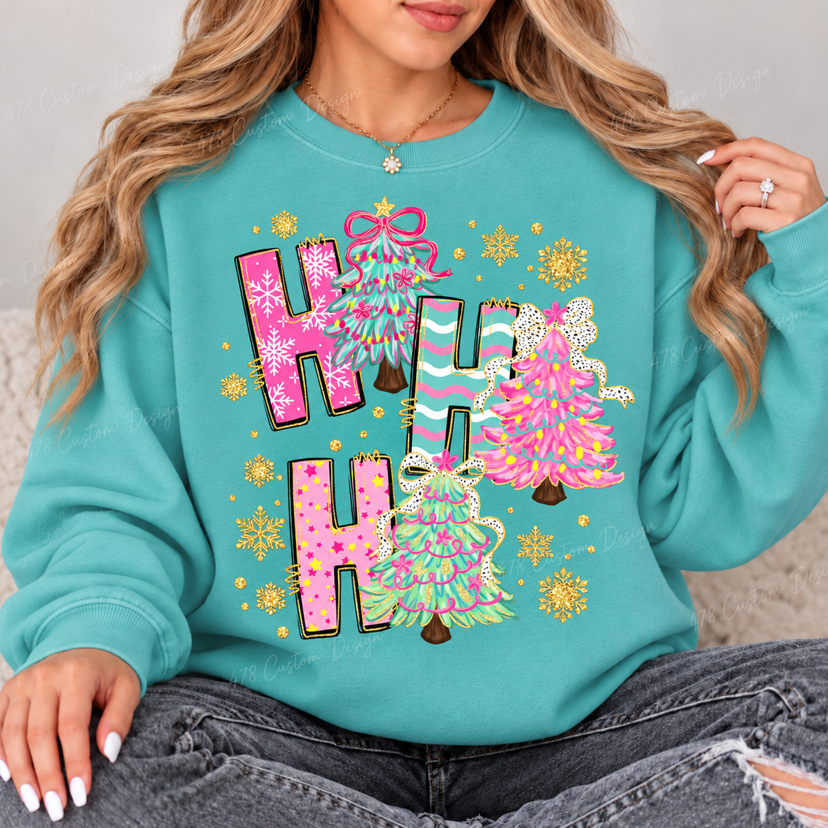 Ho Ho Ho Pastel Christmas Trees Top design on a Seafoam crewneck sweatshirt